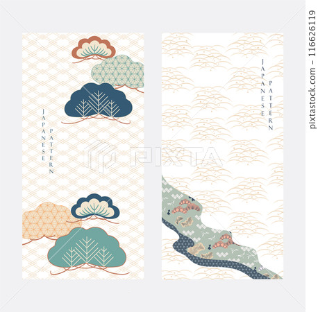 Japanese background with Asian traditional icon vector. Bonsai tree, wave pattern, bamboo and ribbon elements. Geometric pattern in vintage style. Japanese background with Asian traditional icon vector. Bonsai tree, wave pattern, bamboo and ribbon elements. Geometric pattern in vintage style. 116626119