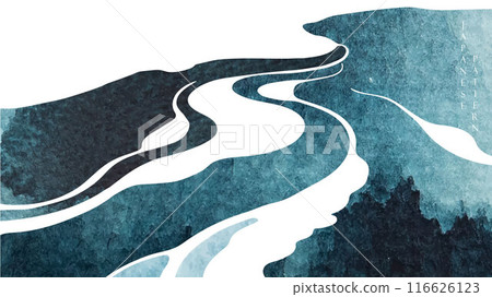Blue brush stroke texture with Japanese ocean wave pattern in vintage style. Abstract art landscape banner design with watercolor texture vector. Blue brush stroke texture with Japanese ocean wave pattern in vintage style. Abstract art landscape banner design with watercolor texture vector. 116626123