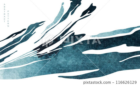 Blue brush stroke texture with Japanese ocean wave pattern in vintage style. Abstract art landscape banner design with watercolor texture vector. Blue brush stroke texture with Japanese ocean wave pattern in vintage style. Abstract art landscape banner design with watercolor texture vector. 116626129