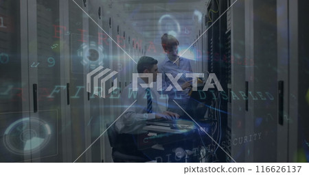 Image of data processing over diverse business people in server room 116626137