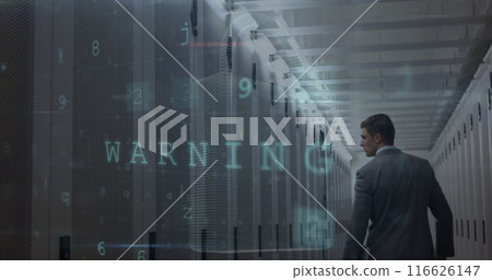 Image of data processing and padlock icon over caucasian businessman in server room 116626147