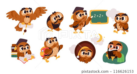 Cute owls. Funny birds. Symbol of wisdom and education. Animal mascots read book and study. Back to school. Birdie students. Graduate hat. Cartoon kids characters. Garish vector set 116626153
