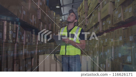Image of data processing over man working in warehouse Image of data processing over man working in warehouse 116626171