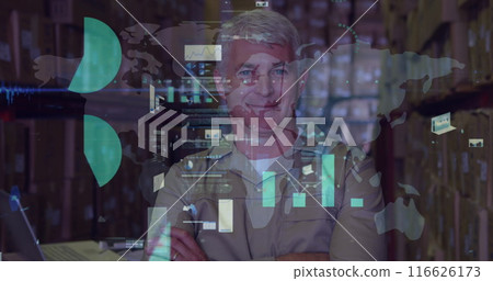 Image of statistical data processing over caucasian male worker smiling at the warehouse Image of statistical data processing over caucasian male worker smiling at the warehouse 116626173