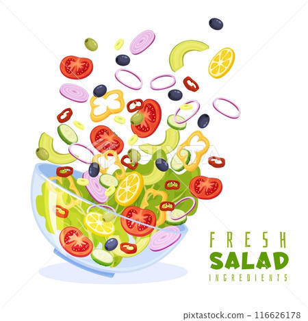 Flying fruit and vegetables slices. Chopped salad ingredients. Vegetarian bowl. Delicious dish. Fresh food products. Lunch cooking. Cucumber and tomato pieces. Recent vector banner 116626178