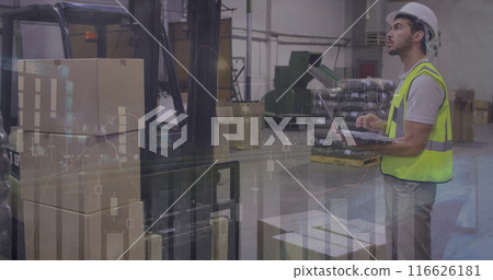 Image of statistical data processing over caucasian male worker using laptop at the warehouse Image of statistical data processing over caucasian male worker using laptop at the warehouse 116626181