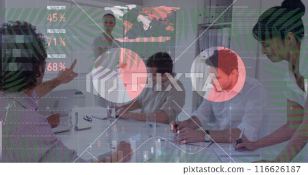 Image of data processing over diverse business people at meeting 116626187