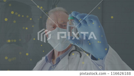 Image of data processing over caucasian male doctor with vial Image of data processing over caucasian male doctor with vial 116626188