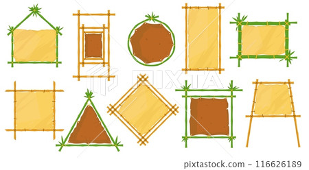 Hawaiian bamboo frames. Different geometric shapes tropical stick borders. Stretched leather and parchment. Jungle empty exotic signboards. Natural material. Vector botanical banners set Hawaiian bamboo frames. Different geometric shapes tropical stick borders. Stretched leather and parchment. Jungle empty exotic signboards. Natural material. Vector botanical banners set 116626189