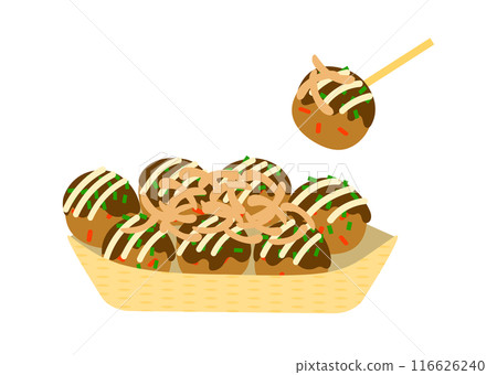 A simple illustration of takoyaki served in a wooden boat with mayonnaise A simple illustration of takoyaki served in a wooden boat with mayonnaise 116626240