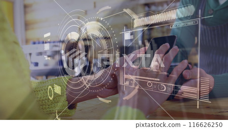 Image of digital interface over people using payment terminal Image of digital interface over people using payment terminal 116626250