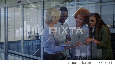 Image of data processing over diverse business people talking Image of data processing over diverse business people talking 116626251