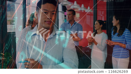 Image of data processing over diverse business people talking 116626269