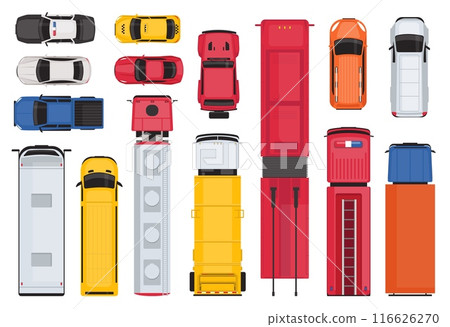 Top view of public transport. City vehicles. Taxi cab. Firefighter truck. School bus. Passenger trolleybus. Automobiles moving around streets. Urban transportation. Vector modern auto set 116626270