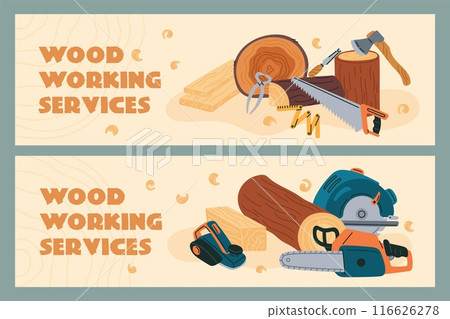 Woodwork carpenter service banners. Professional lumberjack tools. Wood materials. Logs and beams. Planks production. Carpentry sawmill. Woodcutter horizontal posters. Garish vector set 116626278