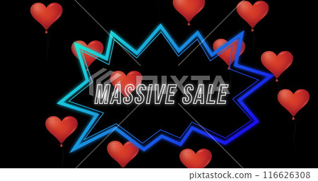 Image of massive sale over shape and hearts on black background Image of massive sale over shape and hearts on black background 116626308