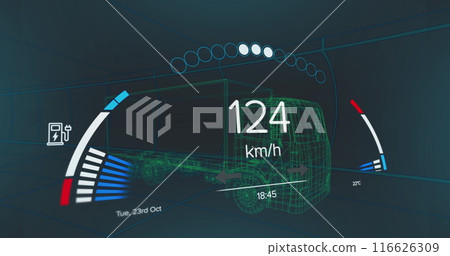 Image of speedometer and power level over truck project on black background 116626309