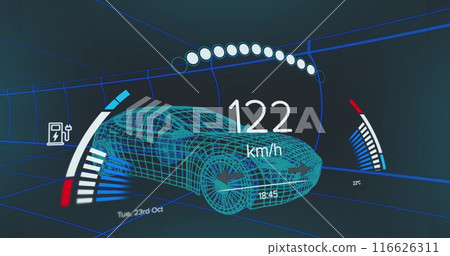 Image of speedometer data processing over 3d car drawing in background 116626311