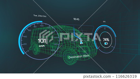 Image of speedometer and power level over van project on black background Image of speedometer and power level over van project on black background 116626319