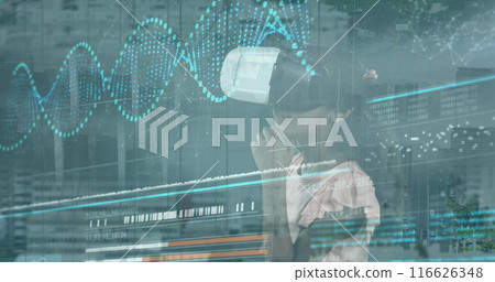 Image of data processing over caucasian girl with vr headset Image of data processing over caucasian girl with vr headset 116626348