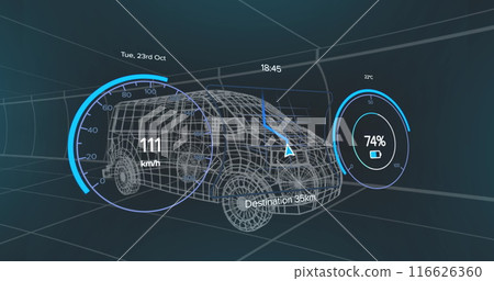 Image of speedometer and power level over van project on black background 116626360