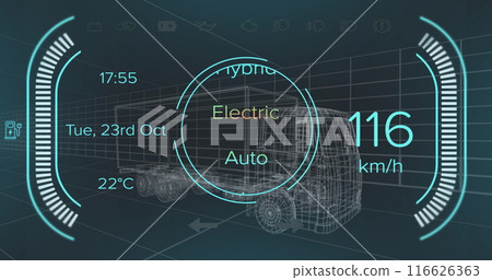 Image of speedometer and power level over truck project on black background 116626363