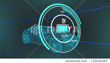Image of 3d wire frame electric car with charging sign on graphic screen 116626369