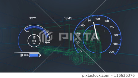 Image of 3d truck with charging battery icon and speedometer on graphic screen 116626376