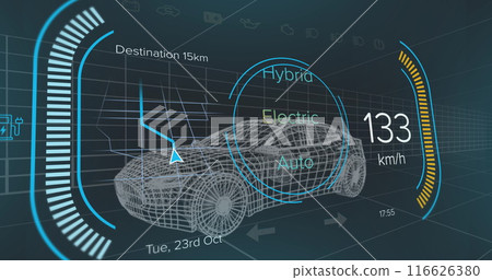 Image of speedometer and power level over car project on black background 116626380