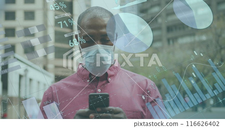 Image of data processing over african american men wearing face mask using smartphone Image of data processing over african american men wearing face mask using smartphone 116626402