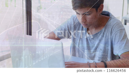 Image of programming data and graphs moving over caucasian boy studying over laptop 116626456