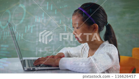 Image of circles and graphs moving over asian girl studying over laptop in classroom Image of circles and graphs moving over asian girl studying over laptop in classroom 116626457