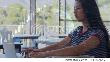 Globe and graph over tired caucasian girl studying over laptop and sleeping on books in classroom 116626479