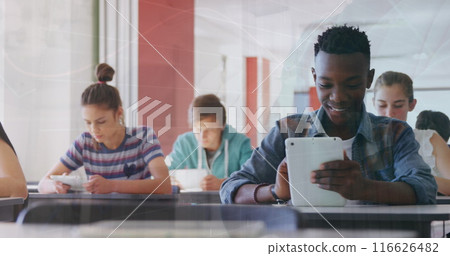 Image of multiracial students using tablets in classroom and surgeon wearing gloves in hospital 116626482