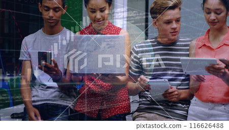 Image of globe, graphs and codes over multiracial students discussing while using technology Image of globe, graphs and codes over multiracial students discussing while using technology 116626488
