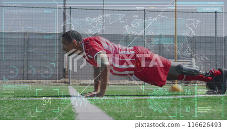 Image of screen with world map and data over biracial male soccer player doing push ups Image of screen with world map and data over biracial male soccer player doing push ups 116626493