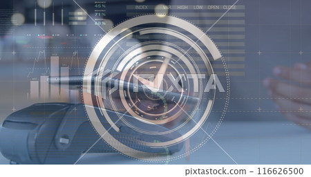 Image of clock, statistics and financial data processing over caucasian man using smartphone 116626500