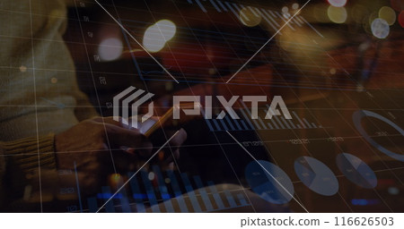 Image of data processing on interface over person using smartphone and city at night 116626503