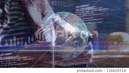 Image of globe, binary coding and financial data processing over caucasian man using smartphone Image of globe, binary coding and financial data processing over caucasian man using smartphone 116626518