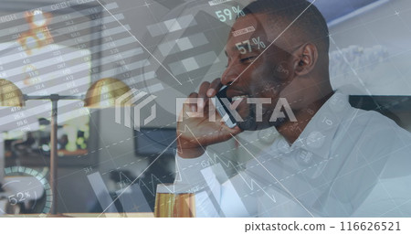 Image of statistics and financial data processing over african american man using smartphone Image of statistics and financial data processing over african american man using smartphone 116626521