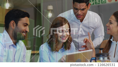 Image of graphs over diverse businesspeople working in office 116626531
