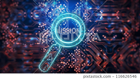 Image of mission text over reading glass and data processing 116626546