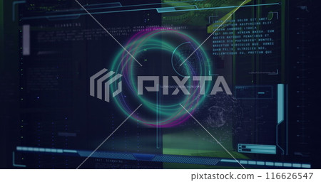 Image of circles and data processing over server room 116626547