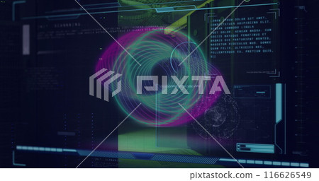 Image of circles and data processing over server room 116626549