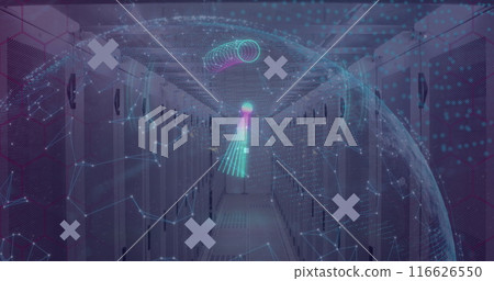 Image of globe and shapes over server room 116626550