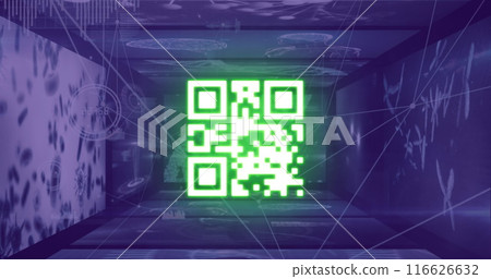 Digital image of glowing qr code against glowing neon blue tunnel on black background Digital image of glowing qr code against glowing neon blue tunnel on black background 116626632