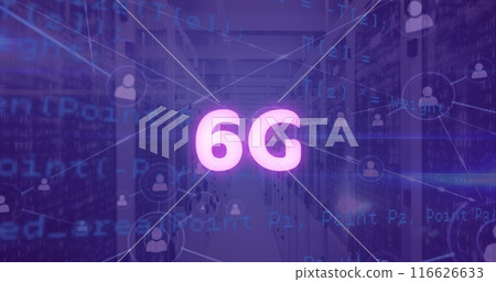 Image of network of connections with icons and data processing over blue background Image of network of connections with icons and data processing over blue background 116626633