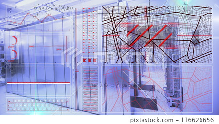 Image of mathematical equations and data processing over computer servers Image of mathematical equations and data processing over computer servers 116626656