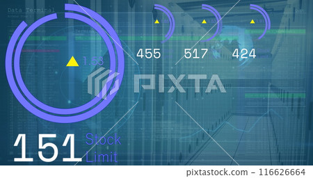Image of digital data processing and digital interface and grid over blue background Image of digital data processing and digital interface and grid over blue background 116626664