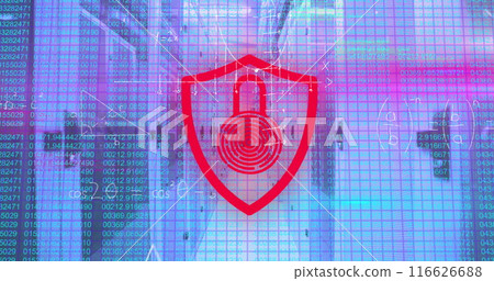 Image of digital padlock, mathematical equations and data processing over computer servers 116626688
